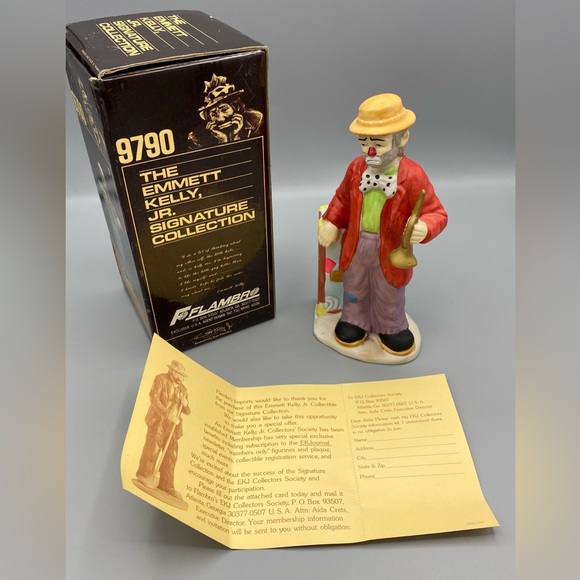 Emmett Kelly Clown Figurine Flambro 9790F Holding Horn Trunk 7 Inch Original Box - Picture 3 of 7